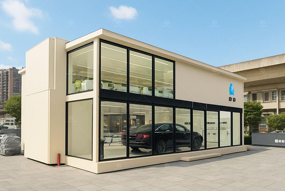 LR455 expandable roadshow container deployed as a two-story mobile showroom with glass display areas