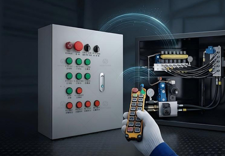 Hydraulic safety control system for mobile stage with control cabinet, valve unit, and remote operation