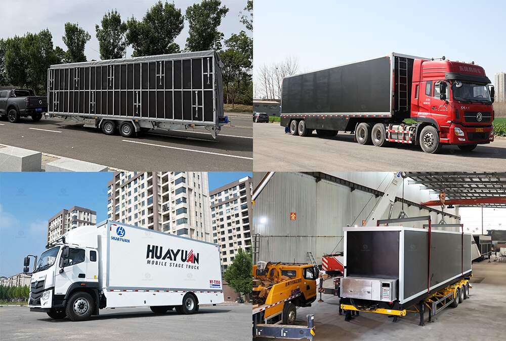 Comparison of four types of mobile stages: trailer, truck, semi-trailer, and container.