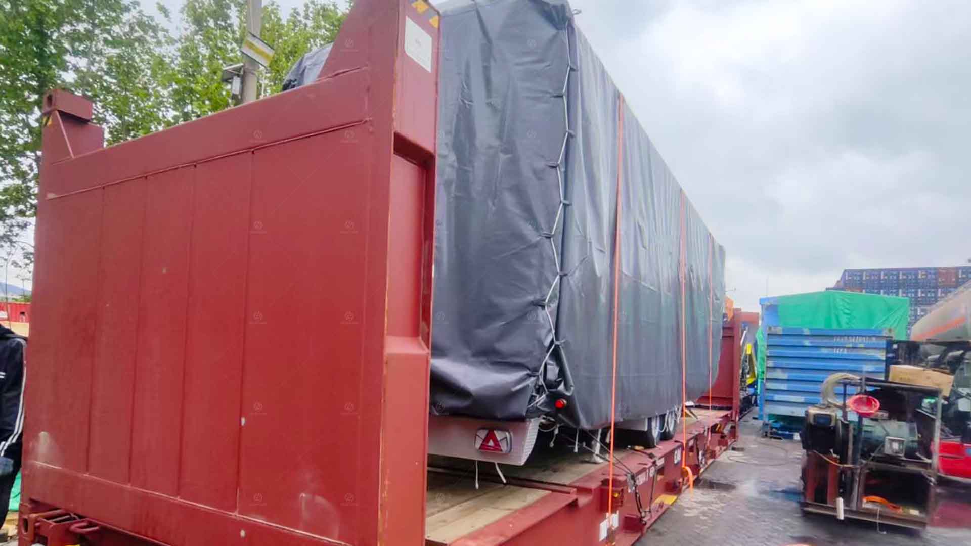 mobile stage secured for international transportation
