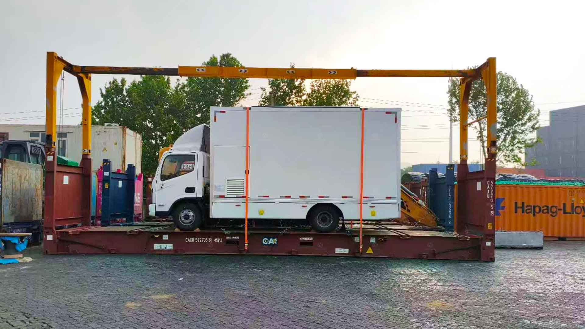 mobile stage truck prepared for international shipping